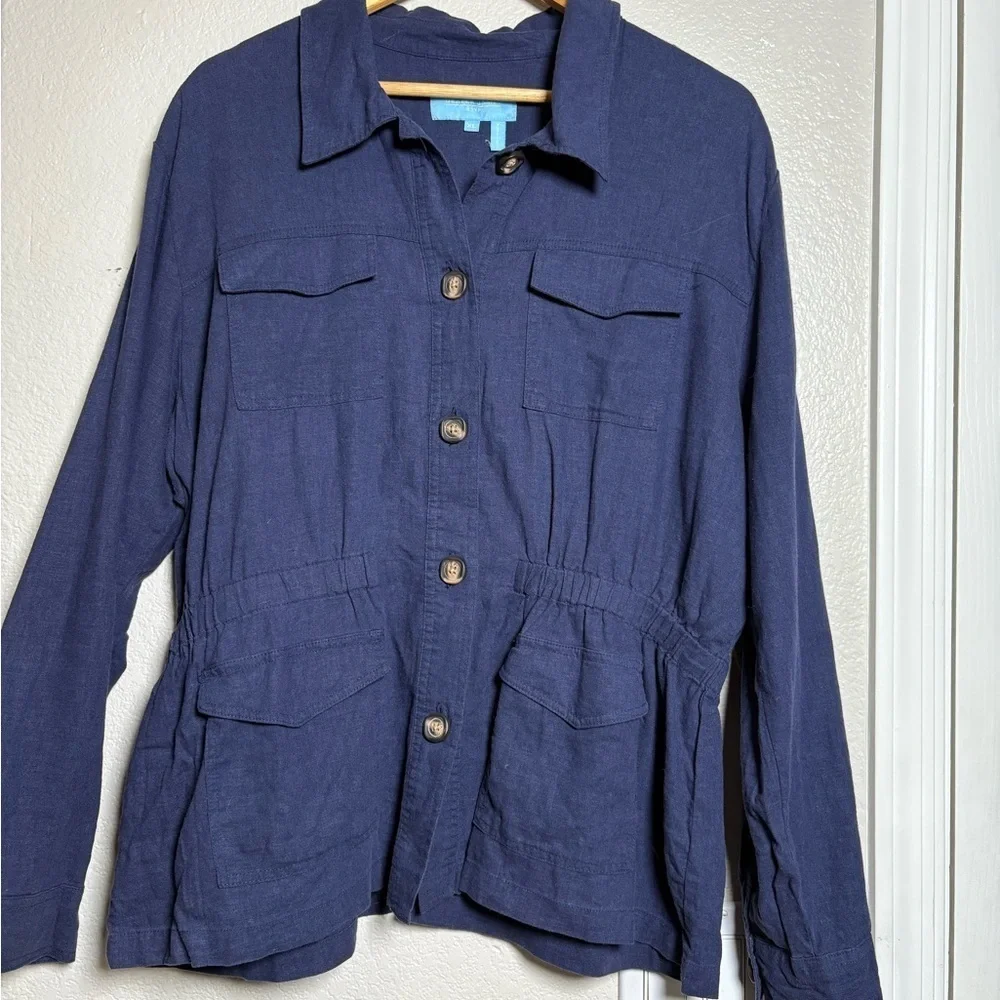 Draper James Dark Blue Soft Linen Rayon Utility Jacket with Classic Design. XL‎